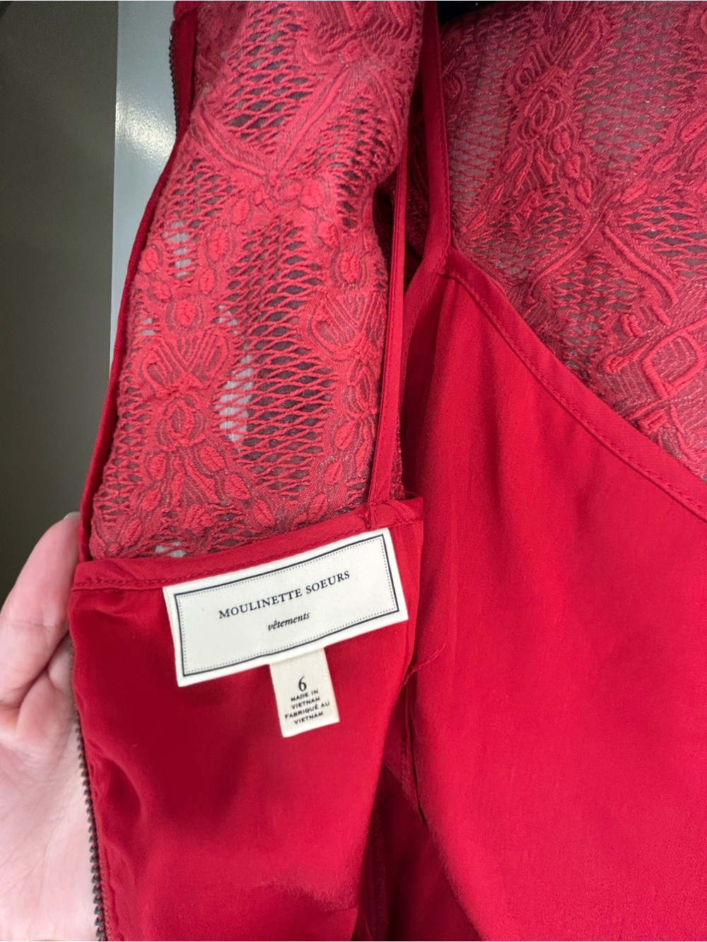 Anthropologie Moulinette Soeurs Red Lace Metallic Silver Insert Dress Size 6 - Picture 6 of 6